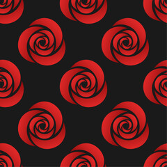 Stylized red gradient rose flowers on black background vector seamless pattern. Best for textile, print, wrapping paper, package and festive decoration.