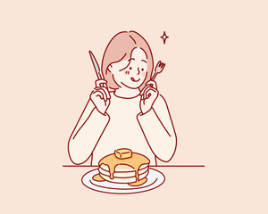 Smiling young girl having tasty pancake. Hand drawn style vector design illustrations.