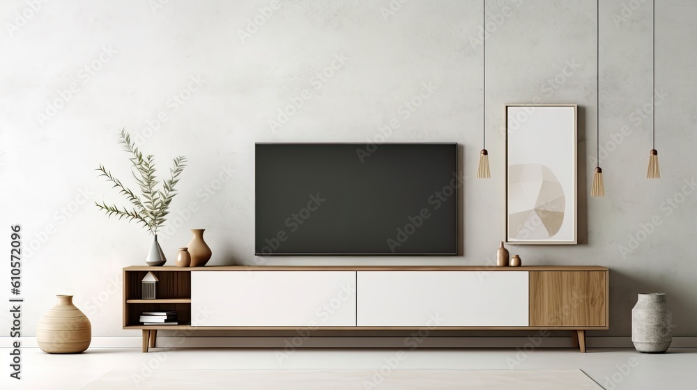 Poster mock-up of a TV cabinet display in a white, minimalist modern space. Generative AI