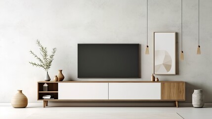mock-up of a TV cabinet display in a white, minimalist modern space. Generative AI