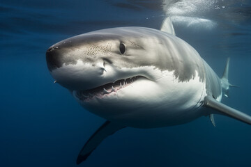 Extreme close up of Great White Shark looking directly at camera smiling