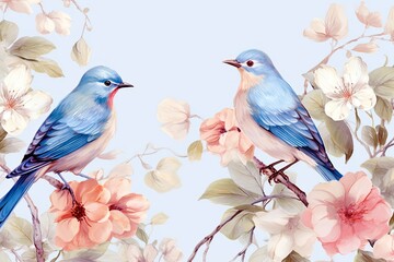 Pair of blue birds in spring nature. Pastel color style in blue tones - Generative AI