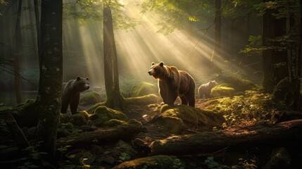 Bear with cubs in the forest and sun rays shining through the trees. Generative AI