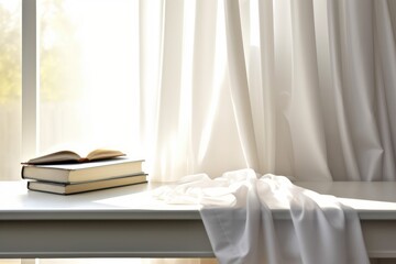 Fototapeta na wymiar Table with three books and curtain in sunlight. Generative AI