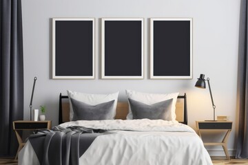 Mockup three poster frame in bedroom. Generative AI