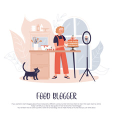 Girl food blogger. A woman prepares a cake in the kitchen and shoots on a phone camera. Vector image.