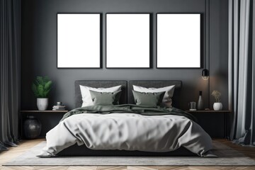 Frame mockup in modern bedroom design, three black frames on grey wall. Generative AI
