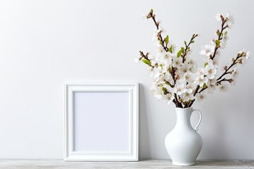 branches of almond blossoms in a vase with a facsimile of a photo frame. Copy space with a white background. Generative AI
