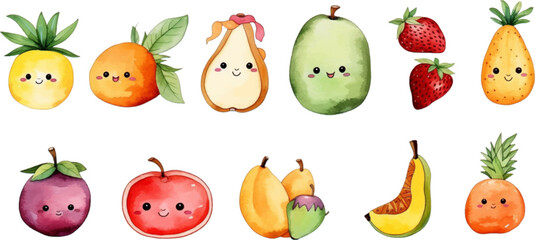 Set of watercolor mixed fruits for kids. Easy to draw, cute kid style. white background