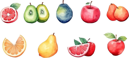 Set of watercolor mixed fruits for kids. Easy to draw, cute kid style. white background