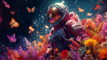 Astronaut surrounded by flowers and flying butterflies