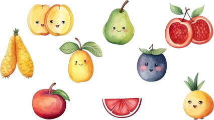 Set of watercolor mixed fruits for kids. Easy to draw, cute kid style. white background