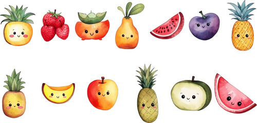 Set of watercolor mixed fruits for kids. Easy to draw, cute kid style. white background