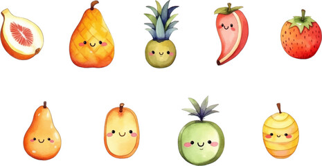 Set of watercolor mixed fruits for kids. Easy to draw, cute kid style. white background
