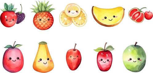 Set of watercolor mixed fruits for kids. Easy to draw, cute kid style. white background