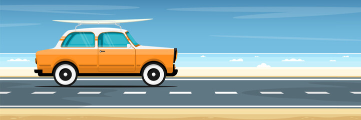 Cartoon beach scene, Personal car with surfboard on beach road, Digital marketing illustration.