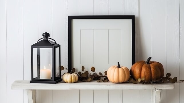 Black mock frame with fall candles and pumpkin decor on a white shelf. autumnal idea frame for a portrait against a white wall. Generative AI