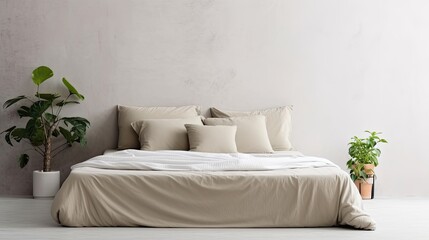 In bed with pillows against a white wall and a laptop with a copy space blank on the screen. minimalist freelancer, home business, and job concept. Generative AI