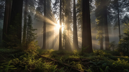 Fototapeta premium several redwood trees with thick fog surrounding them. Generative Ai
