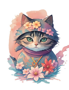 cat ninja flower sticker