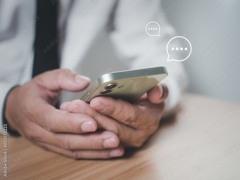 Poster business people using smartphone typing live chat chatting on application communication digital web 