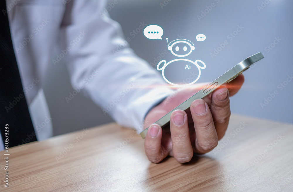 Poster businessman use a smartphone to type live chat, ask, answer with an artificial intelligence system. 