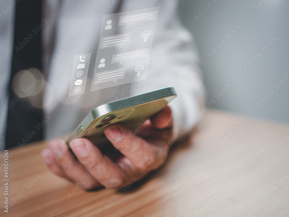 Aufkleber businessman using smartphone typing live chat chatting on application communication digital web and 