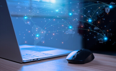Computer and internet access icon template. Represents the transmission of business, financial,...