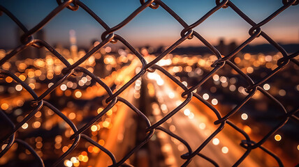 a view of a city through a chain link fence. Generative Ai