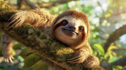 Happy sloth hanging on the tree. Generative Ai
