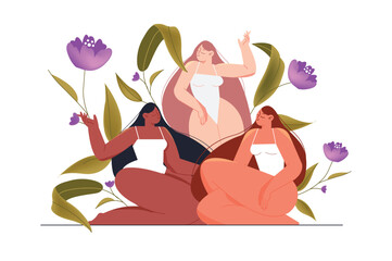 Happy body positive woman posing together concept scene in the flat cartoon design. Women pose together to show off their beauty. Vector illustration.