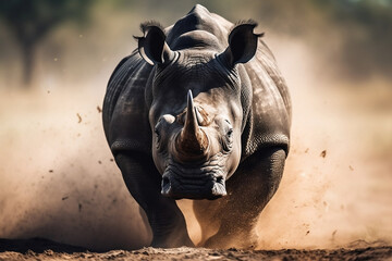 Running big rhino in the savannah, generative ai - obrazy, fototapety, plakaty