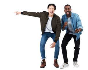 Isolated friends celebrate, asian and black man with fist, portrait and winner by transparent png...