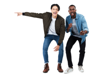 Isolated friends celebrate, asian and black man with fist, portrait and winner by transparent png background. Young gen z students, men and celebration with diversity, winning and sports with goals