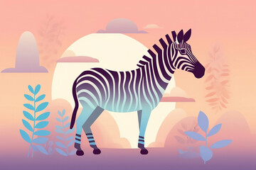 Zebra among plants, graphics in pastel colors, generative ai