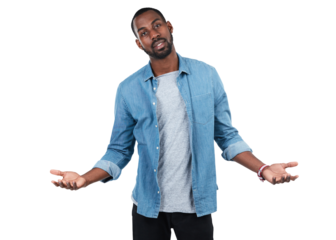 Black man, portrait and confused shrug for question on fashion, style or customer with doubt on an isolated, transparent or png background. Why, open hands and person with uncertain, thinking or idea