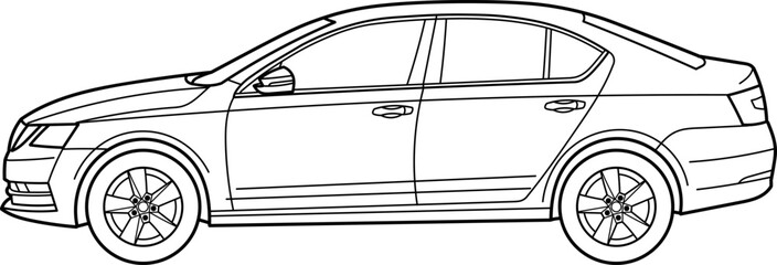 Classic sedan car. Side view shot. Outline doodle vector illustration. Design for print, coloring book