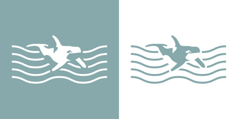 Logo Nautical. Silueta de orca (ballena asesina) con olas de mar	