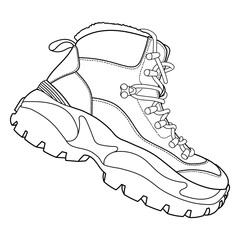 Outline pair winter man boots. Safety boots. Personal protective equipment or winter classic men boots. Top view. Outline vector doodle illustration.	
