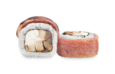Sushi rolls on a white background.