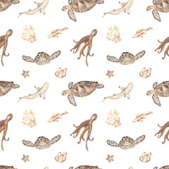 Watercolor seamless pattern with underwater creatures, sea turtle, fish, corals, octopus in brown on a white background
