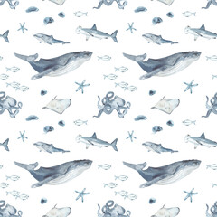 Watercolor seamless pattern with underwater creatures, whale, jellyfish, shark, dolphin, octopus in blue on a white background