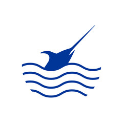 Logo Nautical. Silueta de cabeza de pez espada o marlín con olas de mar