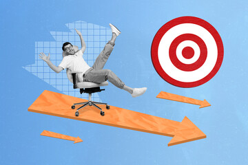Magazine picture sketch collage image of carefree funky guy achieving working aim isolated creative...