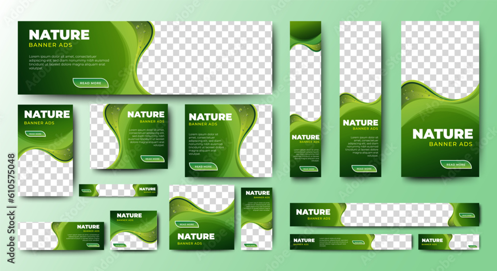 Poster nature banner design web template set, horizontal header web banner. modern gradient green cover hea