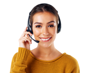 Portrait, call center and contact us with a consultant woman isolated on a transparent background for communication. PNG, customer service and support with a crm employee consulting using a headset