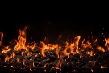 Fire embers particles over black background, Grill Background - Empty Fired Barbecue On Black