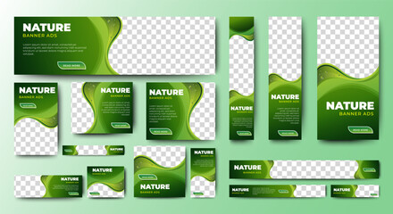 Nature banner design web template Set, Horizontal header web banner. Modern Gradient green cover header background for website design, Social Media Cover ads banner, flyer, invitation card