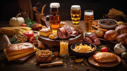 Fototapeta na wymiar October fest concept - traditional food and beer served at event, wood background. Generative Ai