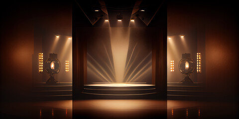 Stage with beams of light and particles in the air. Design for the presentation of your product. Generative AI.